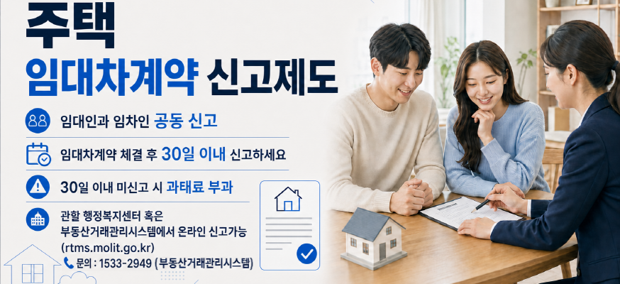 주택 임대차계약 신고제도  임대인과 임차인 공동 신고  임대차계약 체결 후 30일 이내 신고하세요  30일 이내 미신고 시 과태료 부과  관할 행정복지센터 혹은 부동산거래관리시스템에서 온라인 신고가능  rtms.molit.go.kr  문의 1533-2949(부동산거래관리시스템)